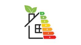 Illustratie van een woning met energielabels van A tot G en bladeren als symbool voor energiezuinigheid.